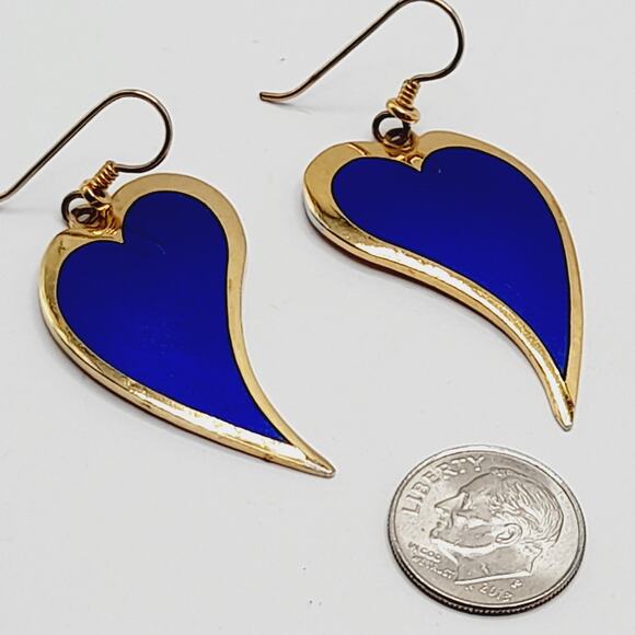 Vintage Laurel Burch Heart Dangle Earrings, Blue Enamel, Gold Plated, 2 Inches - Picture 8 of 10